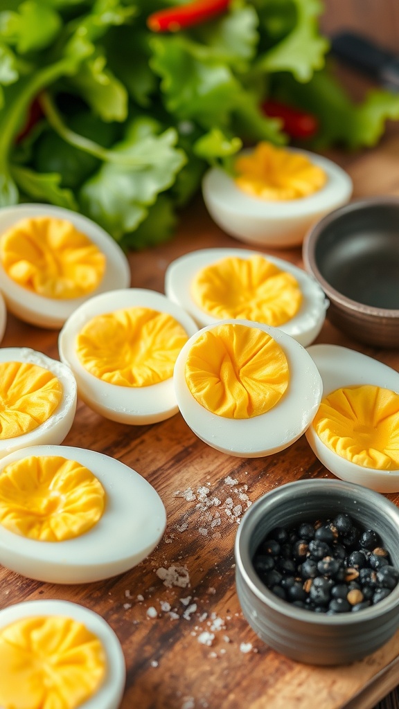 Perfectly cooked hard boiled eggs with yellow yolks on a wooden board, garnished with salt and pepper.
